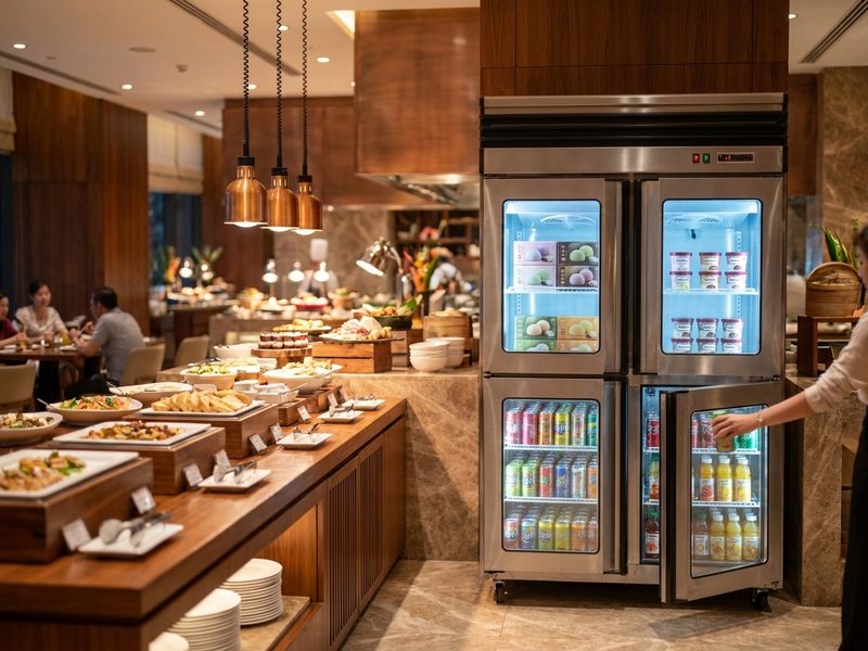 自助餐廳的 TOROL 展示冰箱飲料甜點站