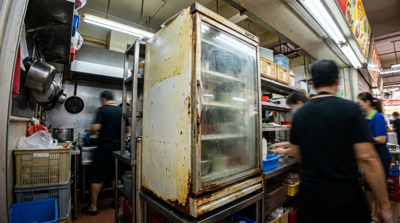 An old worn-out budget commercial fridge in a small Singapore kitchen